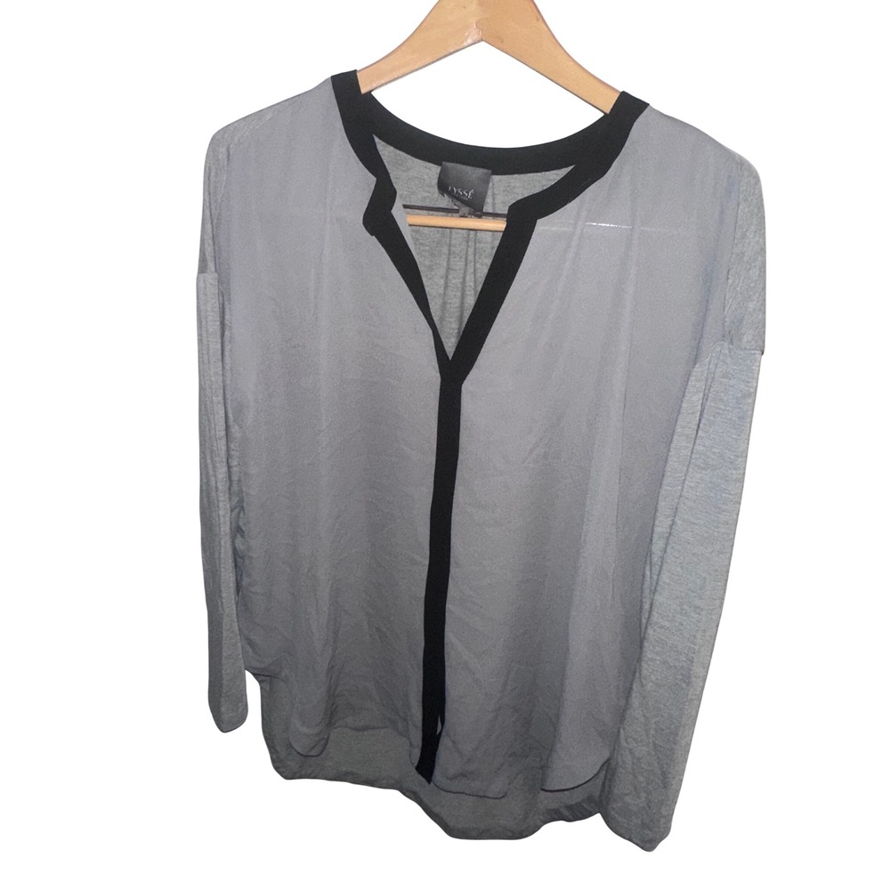 Lysse New York Womens Large Grey Black Contrast Trim Split Neck Long Sleeve Top
